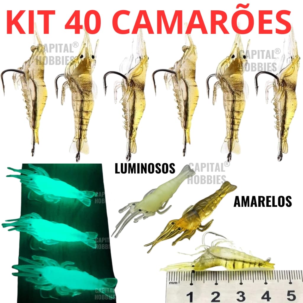 Iscas Artificial camarão De Silicone Com Anzol Kit 40 ou 20 unidades de 4 cms e 1,2 gramas Pesca Tucunaré Traíra Curvina