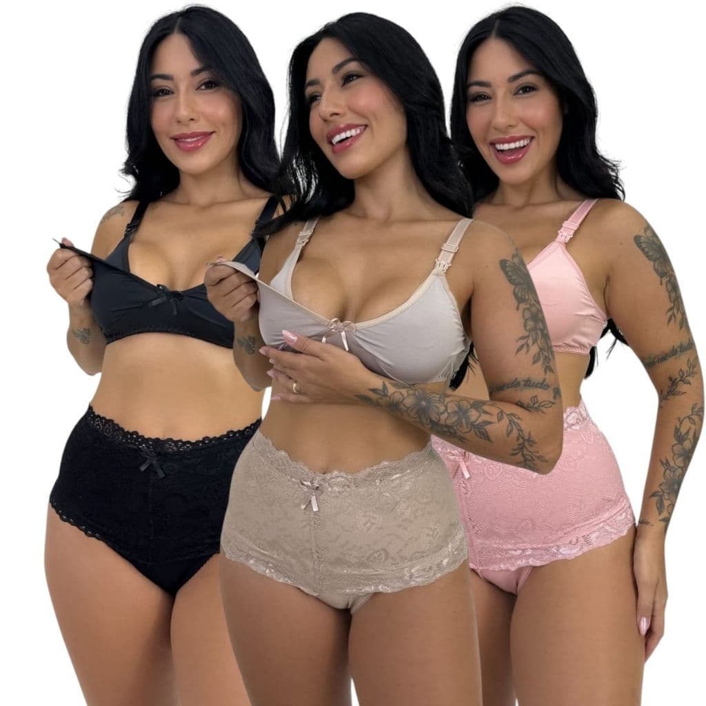 Kit 3 Conjuntos Gestante Roupas Maternidade Calcinha Pós Parto Sutiã Amamentação Fecho Click