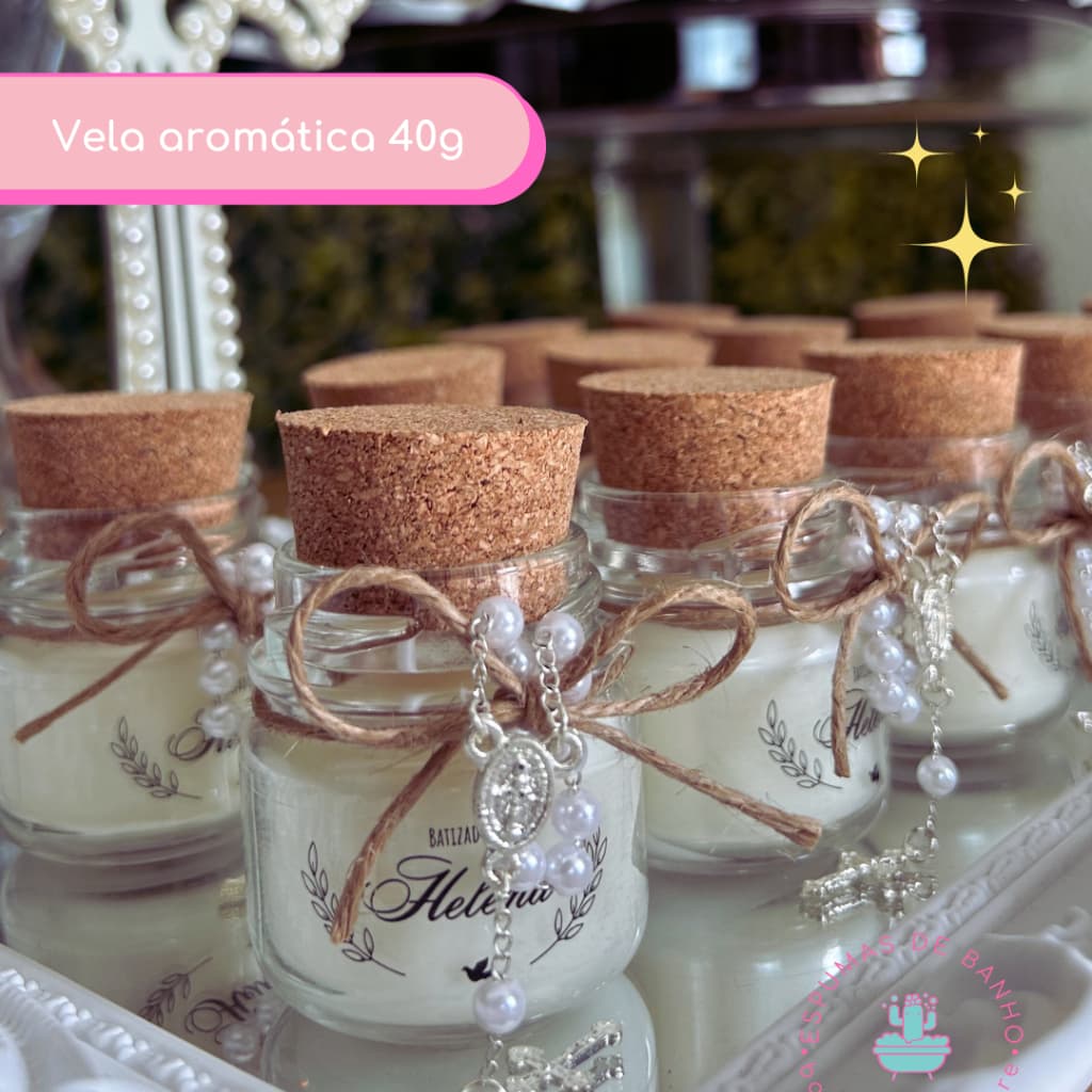 kit 10 lembrancinhas velas perfumadas - tampa de rolha + mini terço