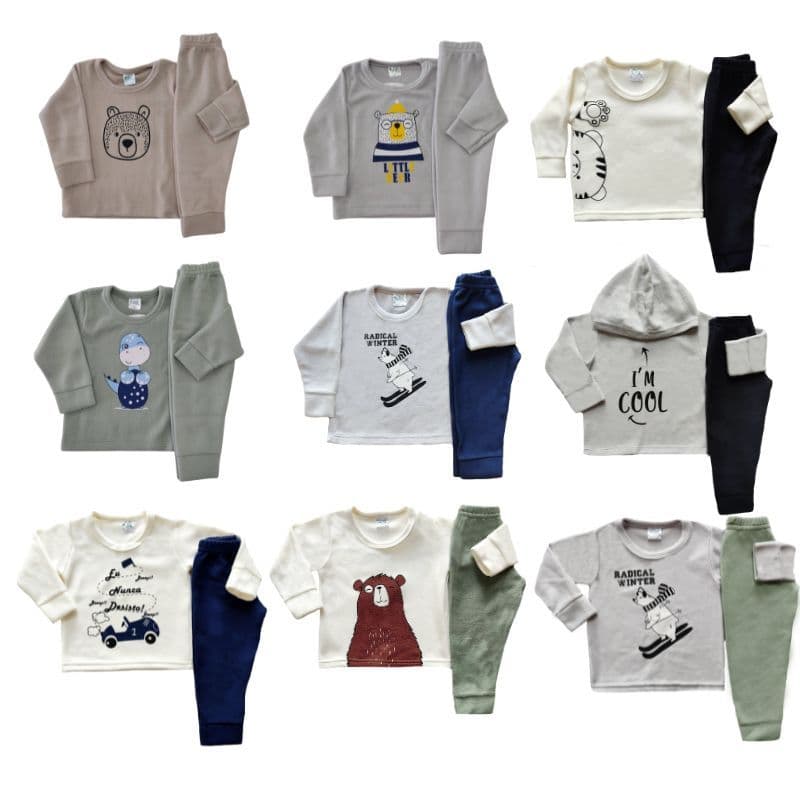 Kit 6 peças Soft Inverno Bebê MENINO 3 conjuntos Manga Longa e Calça Tamanho P ao G e 1 ao 3 anos
