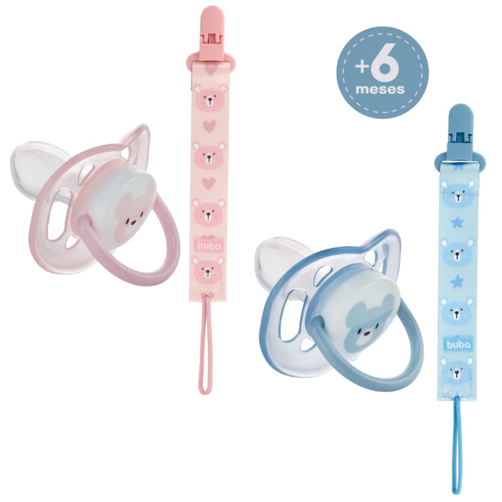 Kit Chupeta Ortodôntica +6 Meses Ursinho Plasútil e Prendedor com Fecho e Trava Cordão Lavável Buba