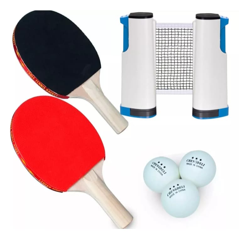 Kit Para Ping Pong Com 2 Raquetes 3 bolinhas e 1 Rede Retratil Adaptável Até 1,65M