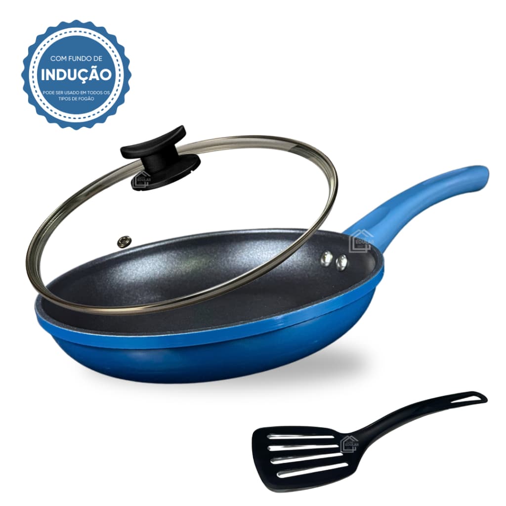 Frigideira Indução Antiaderente Cerâmica Não Gruda com Tampa Vidro e Espátula Nylon Azul e Preto