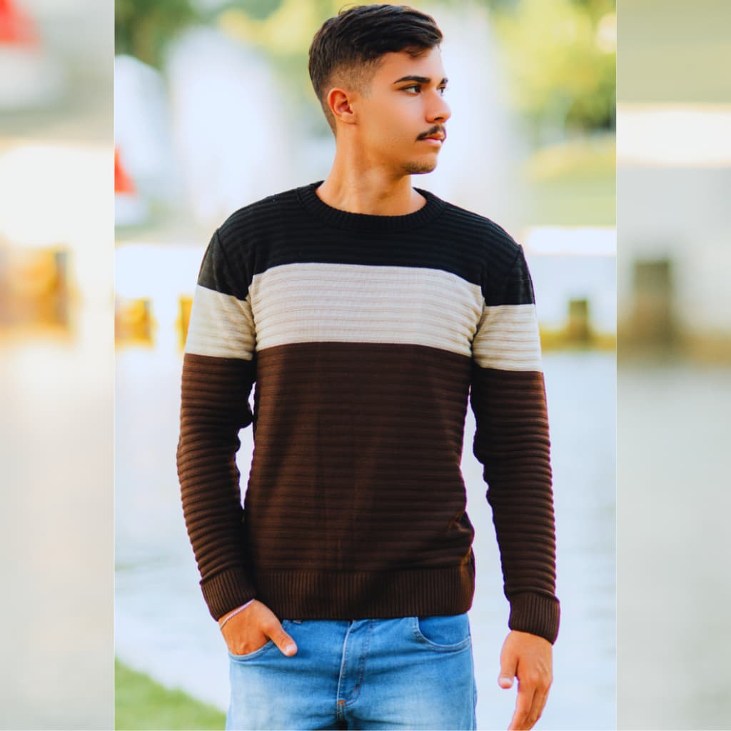 Sueter tricot masculino blusa de frio gola redonda manga longa blusa de Lã