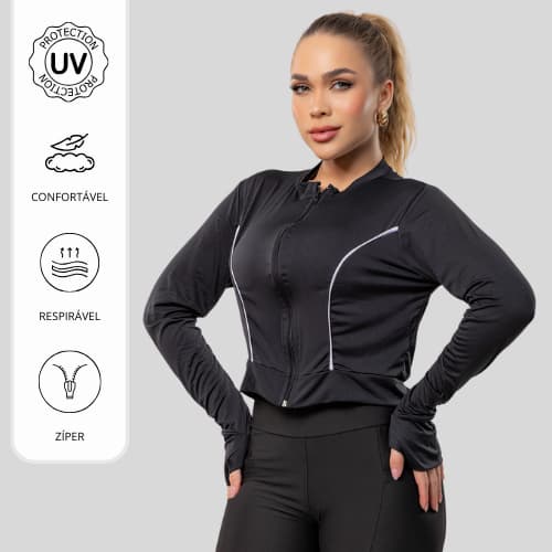 Casaco com Ziper feminino Proteção Solar Academia Crooped