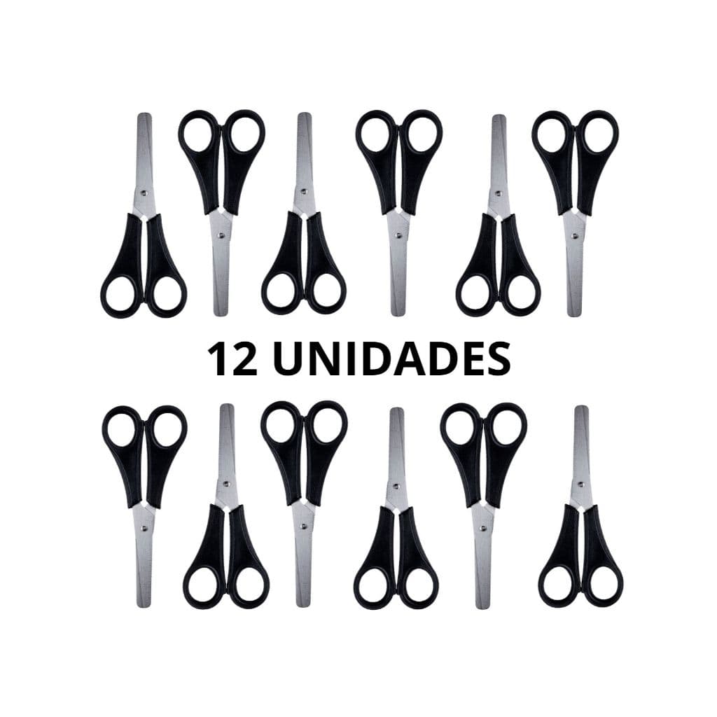 Caixa Com 12 Tesouras De Aço Preta Escolar Material Escolar Escritório Papelaria