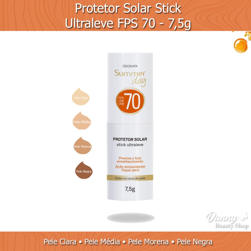 Protetor Solar Stick FPS 70 Pele Clara, Média, Morena ou Negra 7,5g - Summer Day Odorata