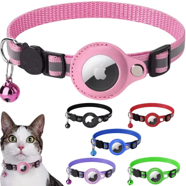 Coleira Pet Gato Nylon Refletiva Guizo com Case P/ Airtag - *** ATENÇÃO: Não acompanha o rastreador ***