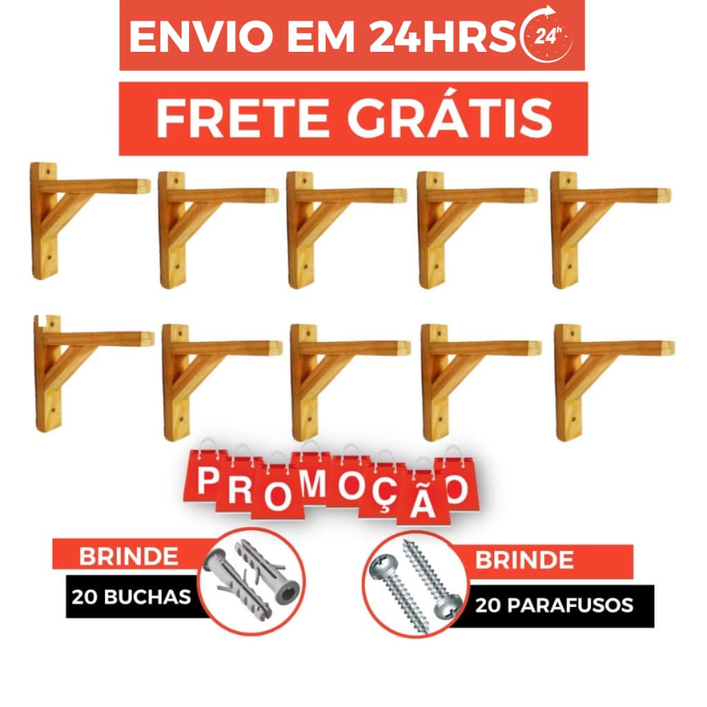 10 Mão Francesa de Madeira Pinus 25x25 + Parafusos