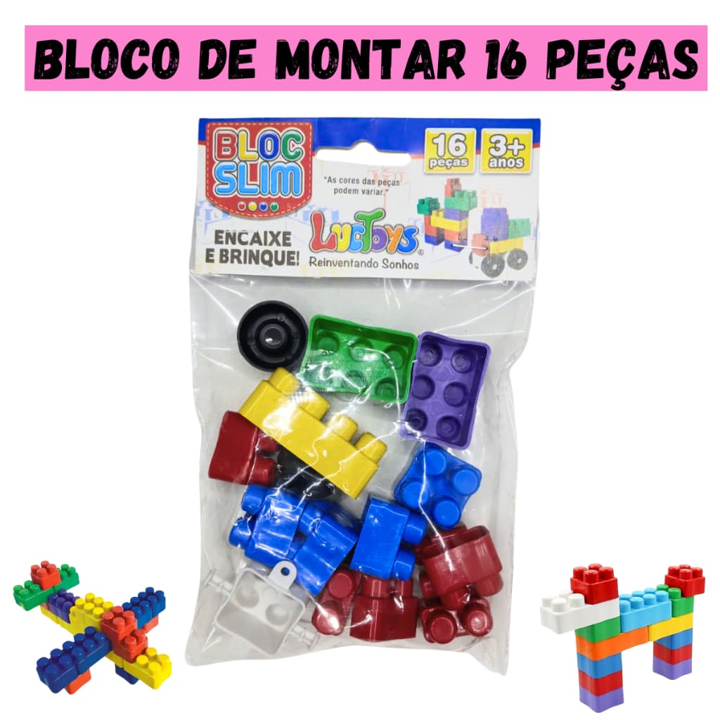 Kit 10 Pct Bloco de Montar 16 Peças com Rodinha Brinquedo Infantil Didático Educativo Lembrancinha