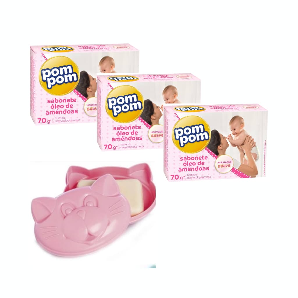 Kit 3 Sabonetes PomPom Glicerina | Rosa | Super Macios + Saboneteira Gatinha