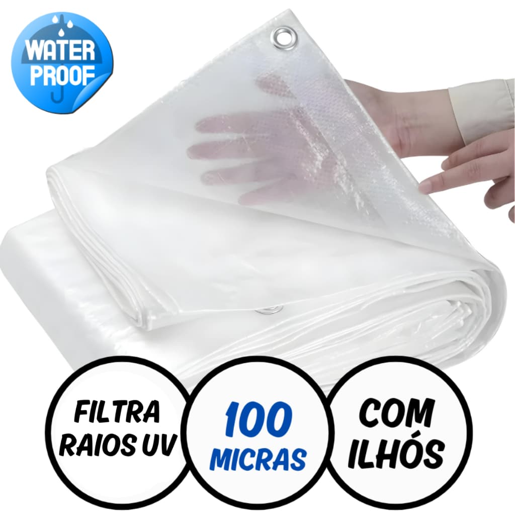 Lona Plástica Transparente 100 Micras Cobertura Proteção Chuva e Sol com Ilhós Reforçados