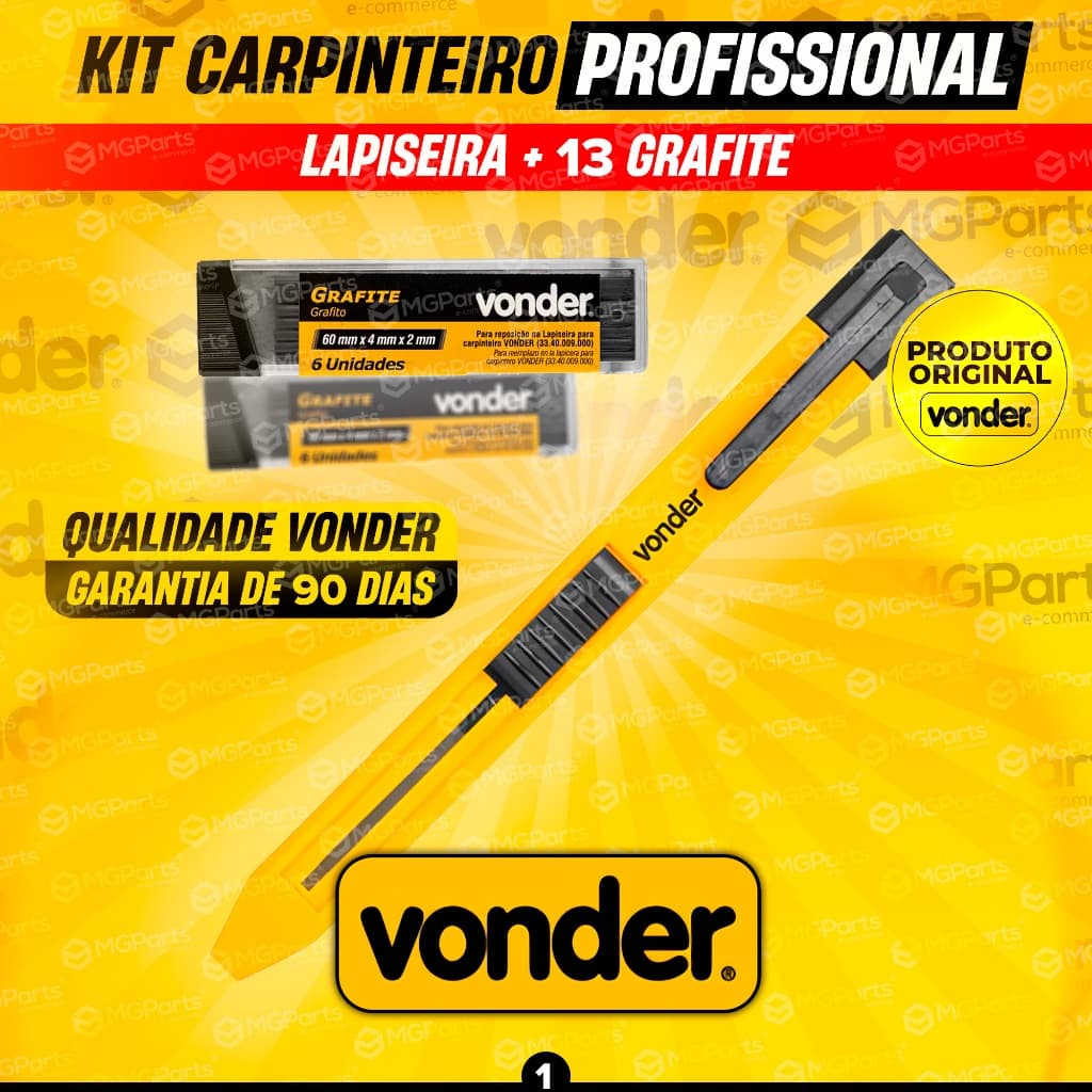 Kit Lapiseira Para Carpinteiro Marceneiro Vonder + 13 Grafites Lápis Pedreiro Drywall Construção Civil Profissional