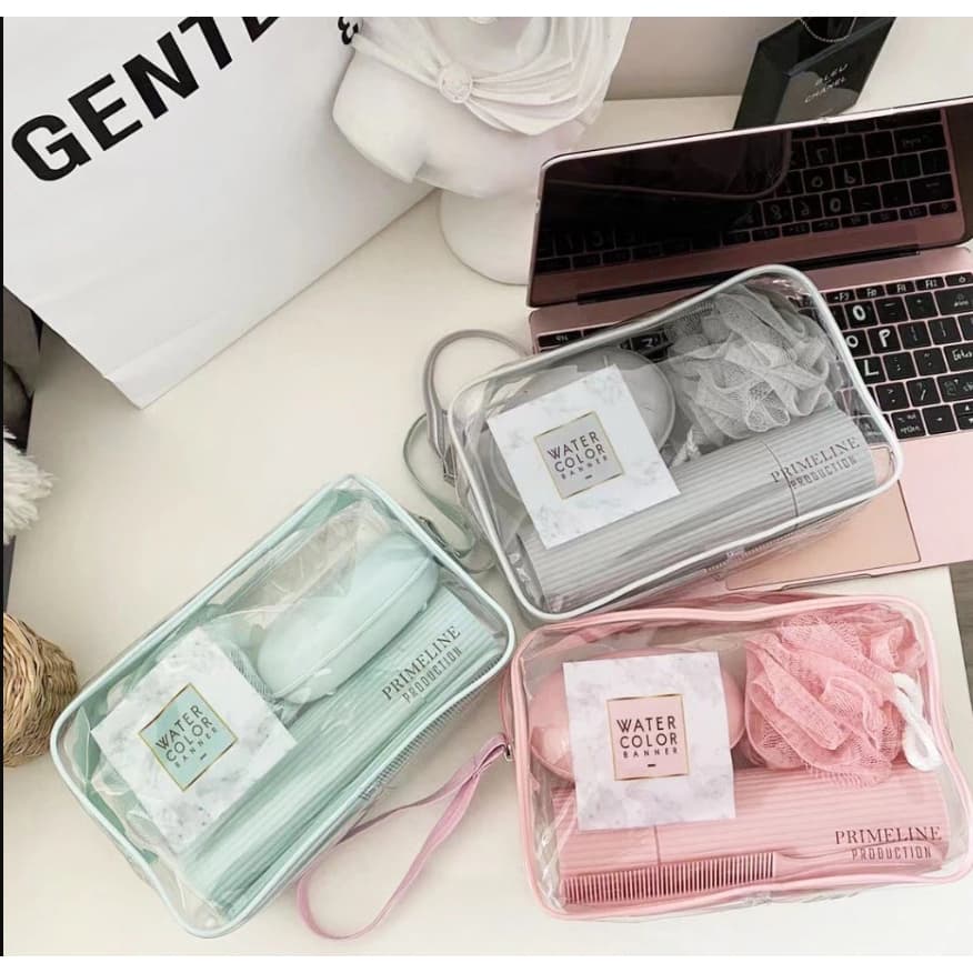 Kit de Viagem 5 Peças com Bolsa - Porta Escova, Pente, Saboneteira e Ducha Compacta