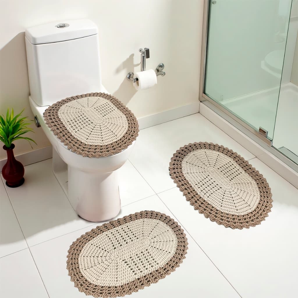 Kit 3 Peças Jogo De Banheiro Tapete Em Crochê 100% Algodão