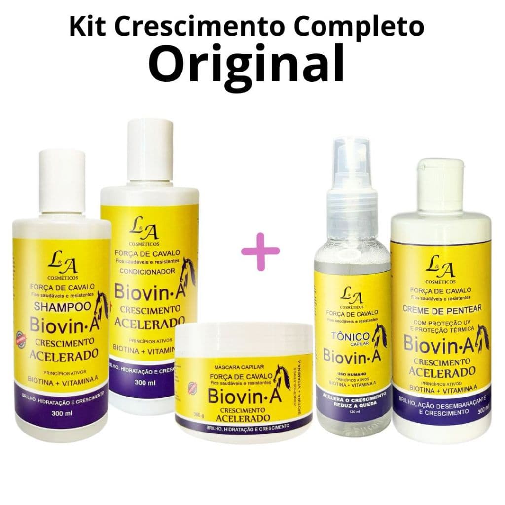 Kit Crescimento Capilar Completo Biovin-A Força de Cavalo + Tônico Crescimento e Creme p/ pentear LA