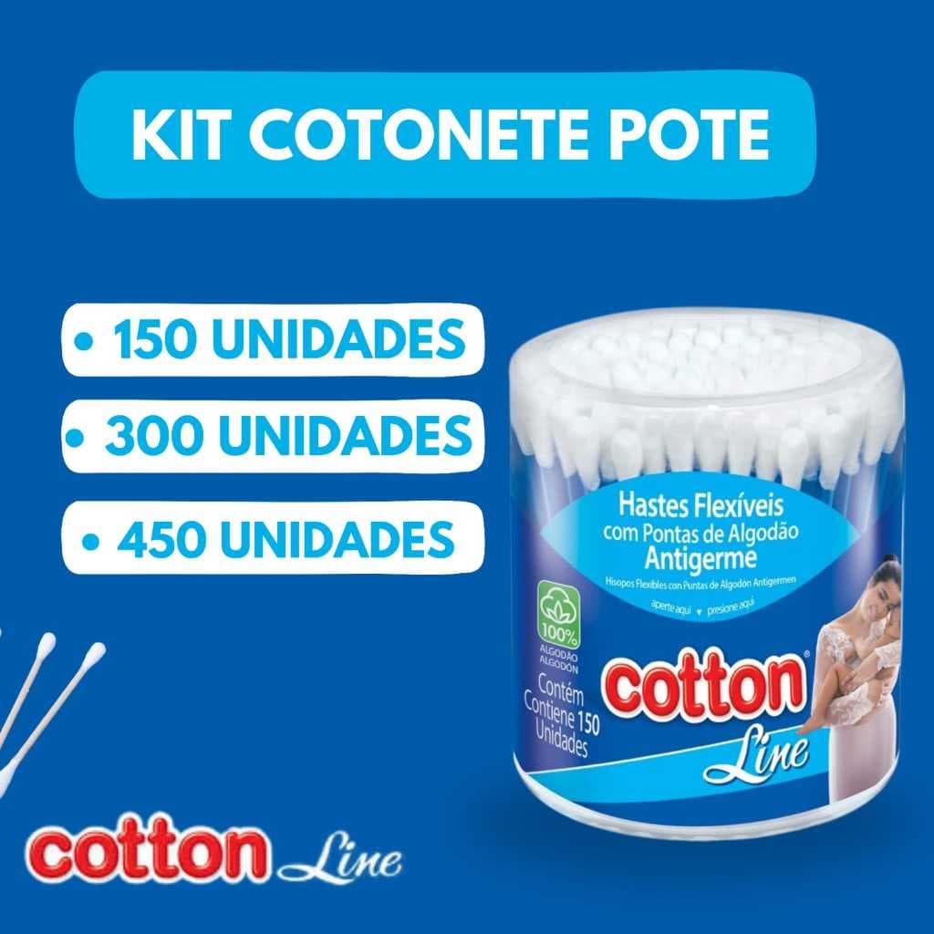 Pote De Cotonete Hastes Flexíveis 150 /300 ou 450 Unidades Cotton Line Azul