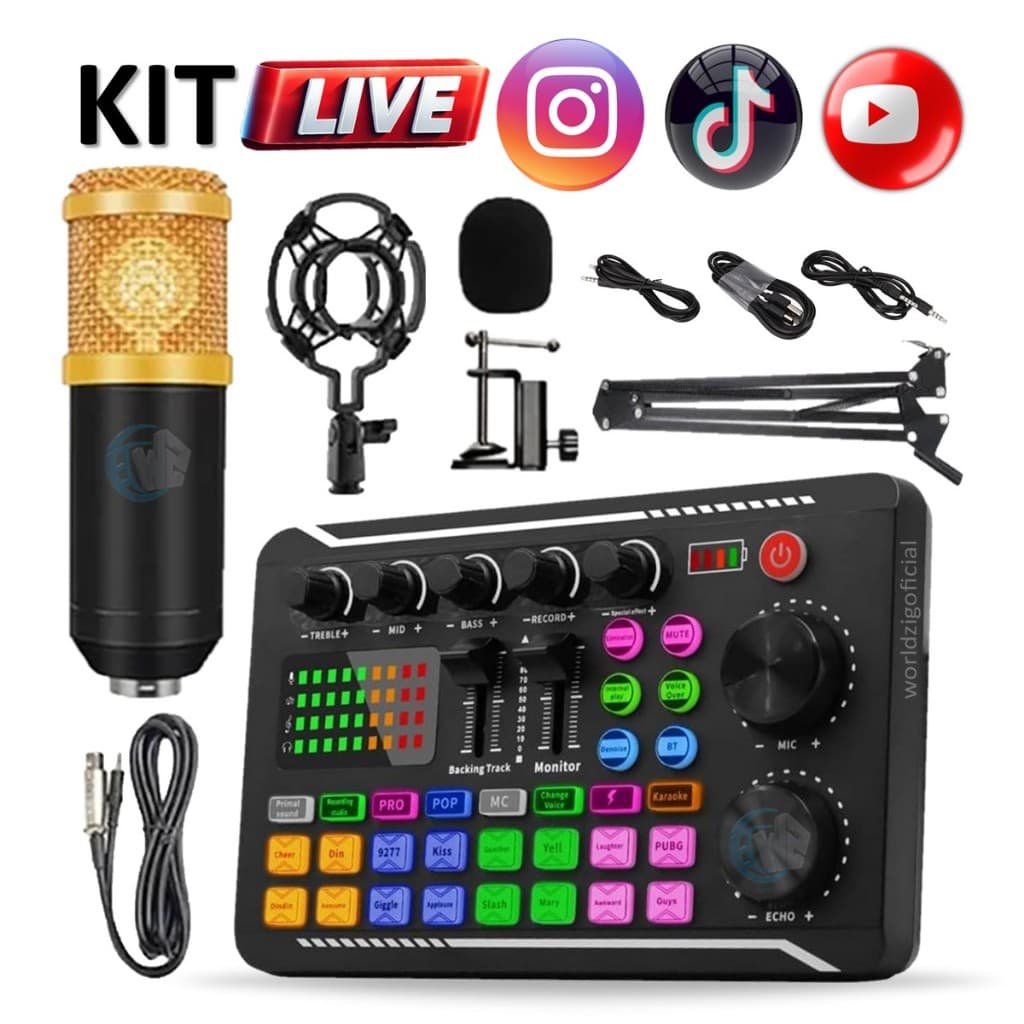 Kit Live Completo Interface Placa de Som F998 + Microfone Condensador com Braço Articulado