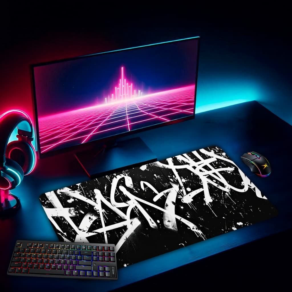 Mouse Pad Gamer Abstrato, Neon & Animais  Antiderrapante Grande 70x35 80x35 90x40 90x50 cm Anime Borda Costurada