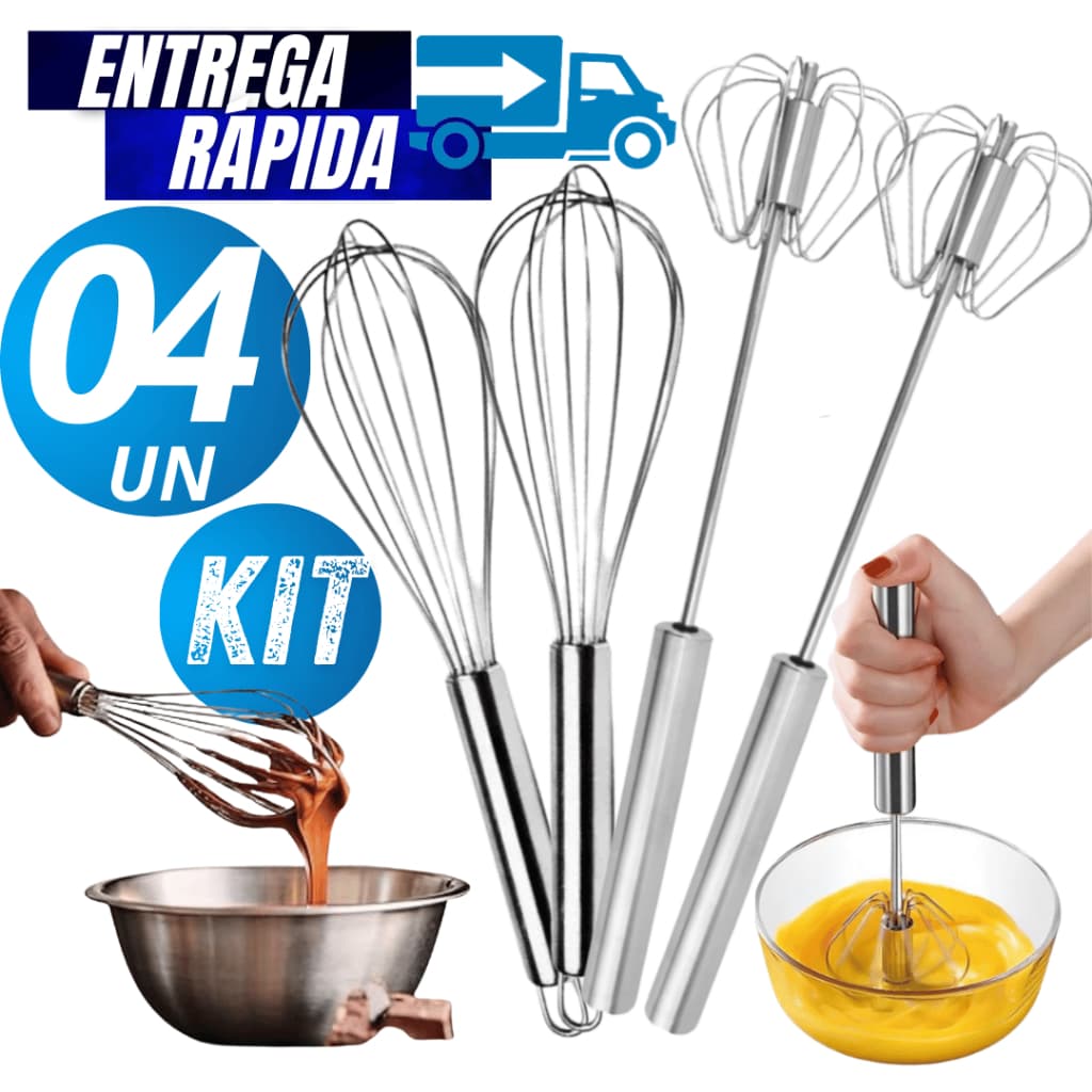 Conjunto Kit 04/02  Fue Batedor De Ovos + Batedor Semi Automático Inox De Massas Bolos Para Confeitaria Linha Premium
