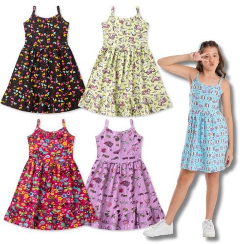 Kit 2 Peças Vestidos Estampados  Infantil Juvenil Feminino/Menina Sortidos em Cotton Tam 1 ao 12