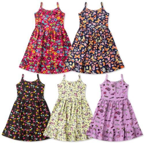 Kit Sortido 5 Peças Vestidos Estampados  Infantil Juvenil Feminino/Menina em Cotton Tamanho 1 ao 14