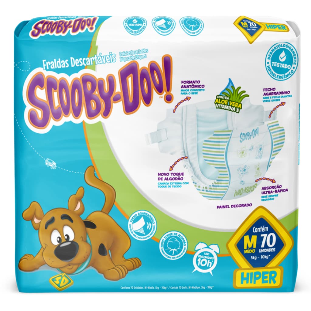 Fralda Scooby-Doo Hiper M 70 Unidades | Extra Absorção | Antivazamento | Conforto Garantido