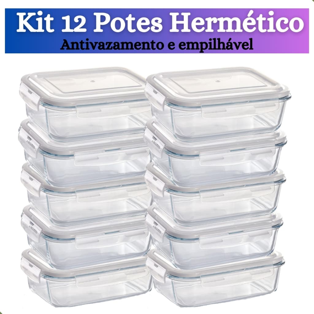 Kit de 3 até 12 Pote de Vidro hermético com tampa antivazamento 370 ml, 600, 1040 ml Marmita Papinha