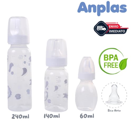 Kit Com 3 Mamadeiras Bico Silicone Reto Branca - 240ml/140ml/60ml Anplas Petita
