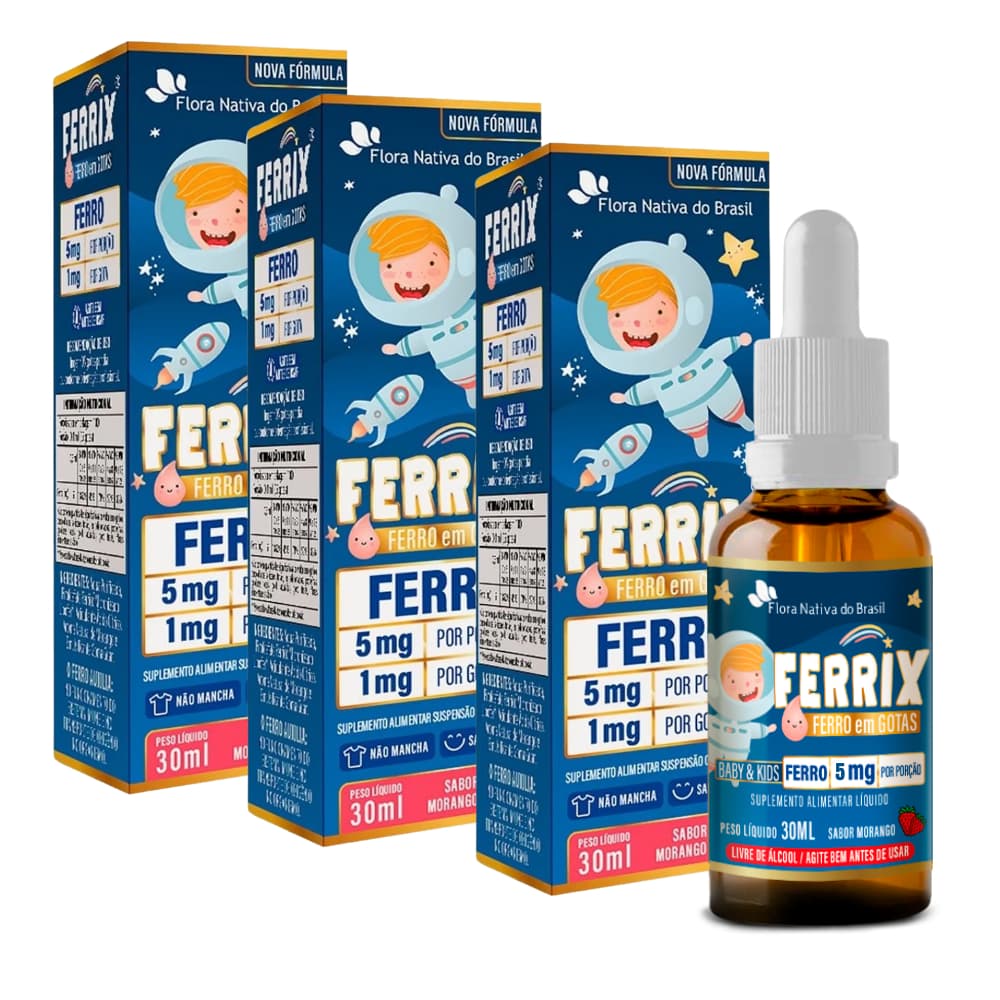 Kit 3 Suplemento Alimentar de Ferro Kids 5mg Porção 30ml Sabor Morango