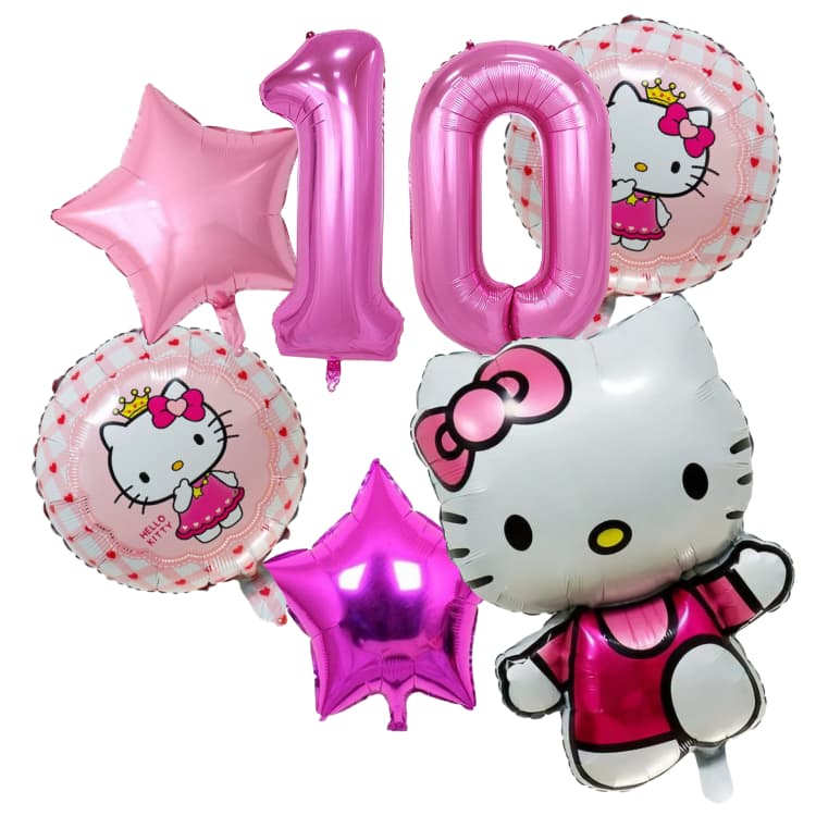 Kit 6 Balão Hello Kitty Rosa + 2 Balão Redondo+ 2 Estrela Metalizados + 1 Número