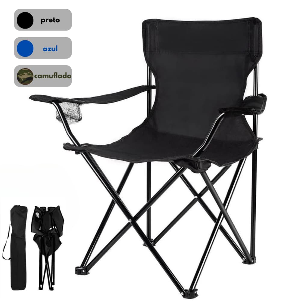 Cadeira Camping Dobrável Com Porta Copos e Bolsa Pesca Praia Acampamento 130kg