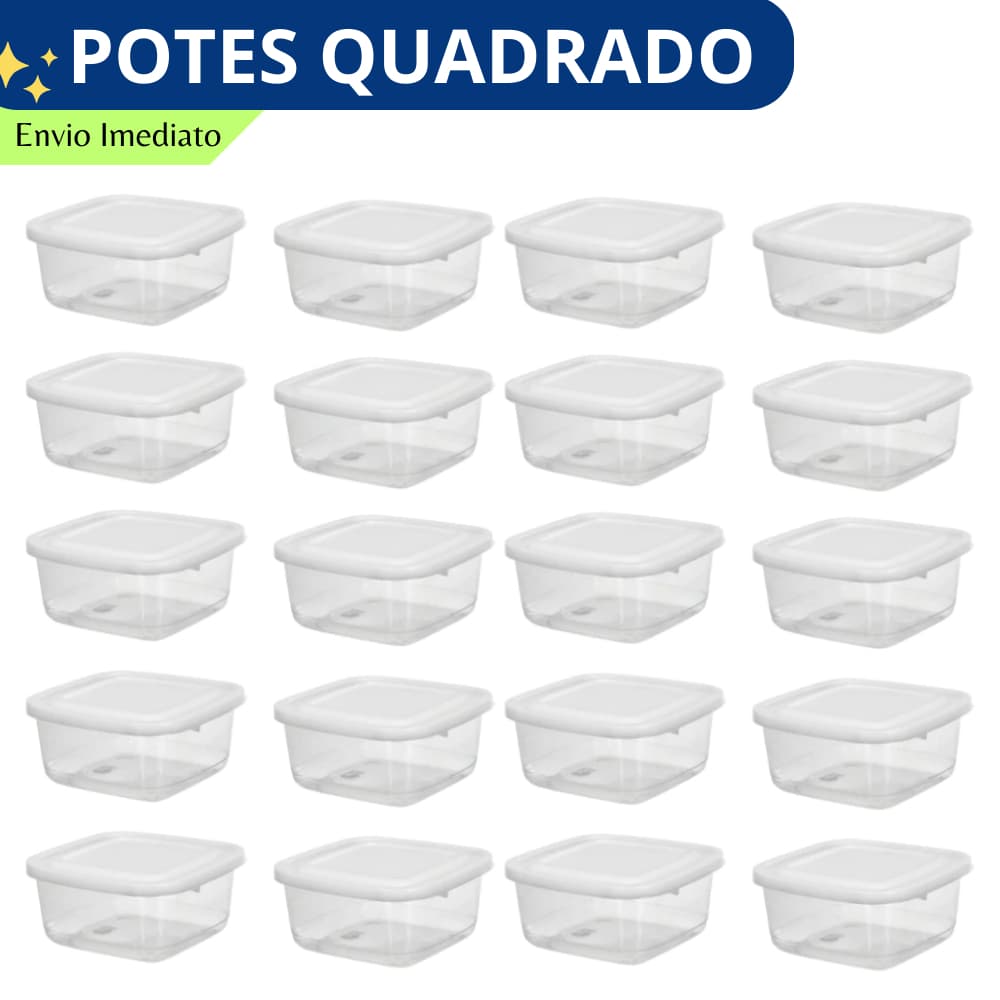 Kit Pote Quadrado 270ml com Tampa, Jogo Pote Plástico BPA free, Conjunto Pote Mini Quadrado Fitness