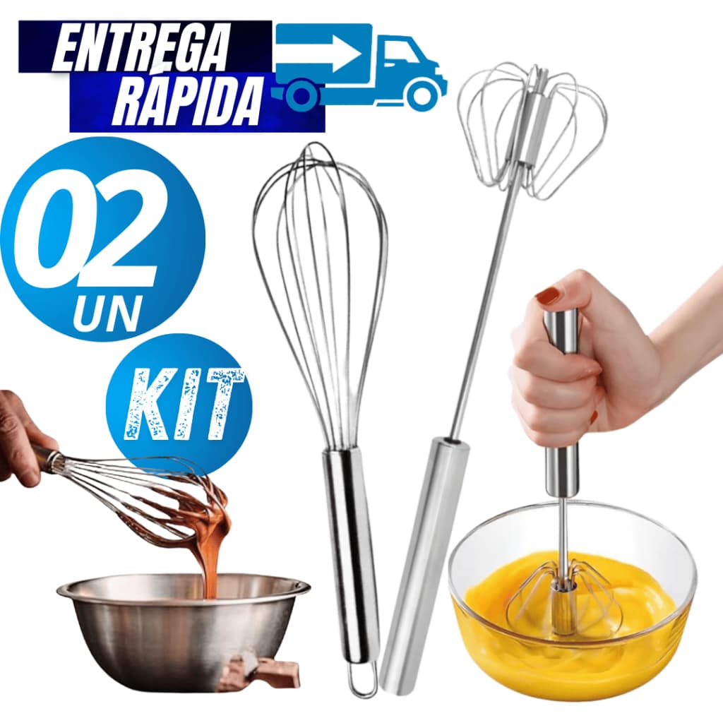 Kit 02 Unidades Fue Batedor De Ovos + Batedor Semi Automático Inox De Massas Bolos Para Confeitaria Linha Premium