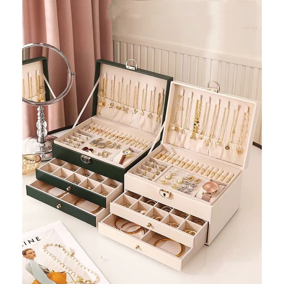 Caixa de Joias de 3 Camadas Com 2 Gavetas couro Luxuoso Grande Caixa Organizadora de Joias com Chave