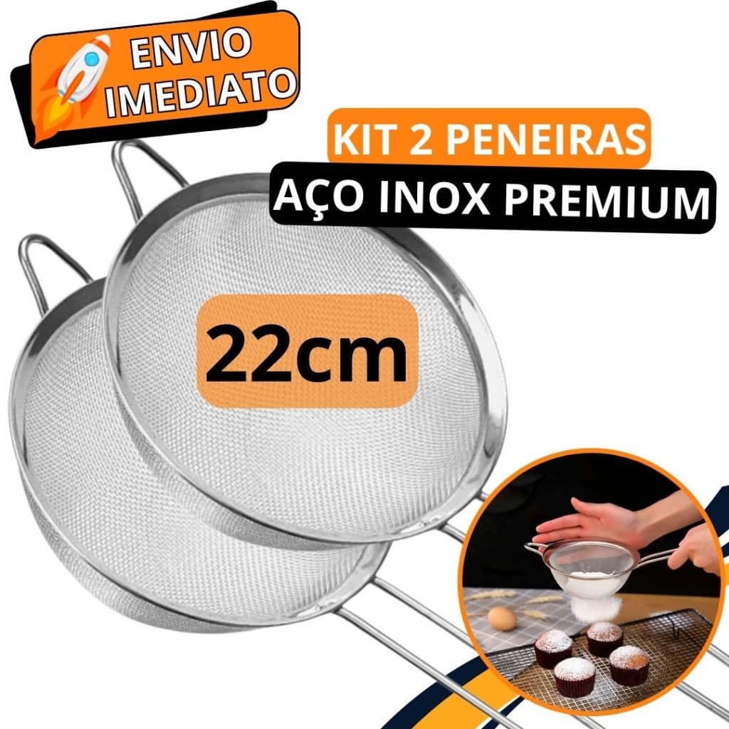 KIT 1/2 Unidades Peneira Coador Aço Inox 22/12cm de Cozinha para Casa Restaurante Doceria Bolo Doce Oleo Farinha Tapioca
