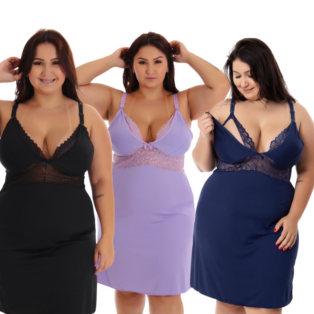 Kit 3 Camisola Pós Parto Cores Sortidas Plus Size Amamentação Gestante