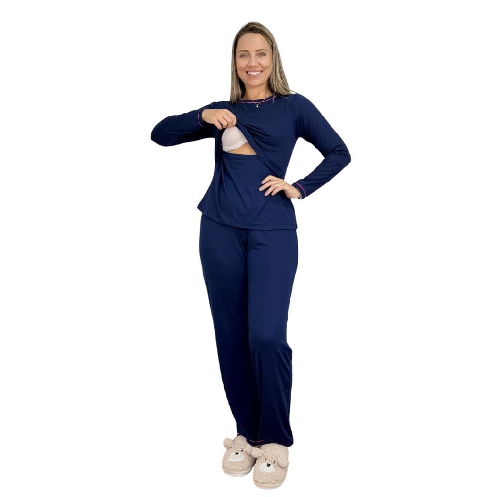 Pijama Amamentação Premium Feminino Maternidade Gestante Gravida Amamentar Pós Parto Manga Longa