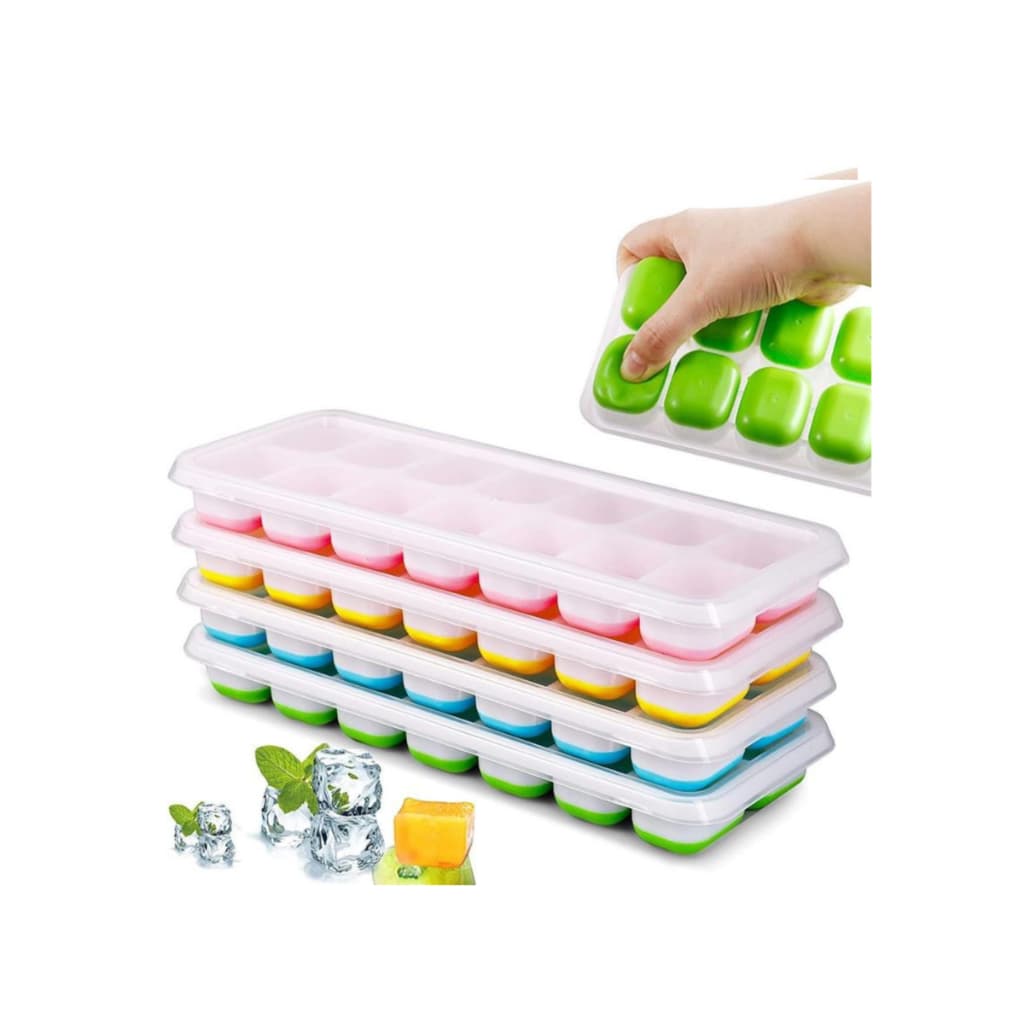 Kit 4 Unidades Forminha Com Tampa Gelo Flexivel Fundo Silicone 14 Cubos Alimentos Frutas Papinha