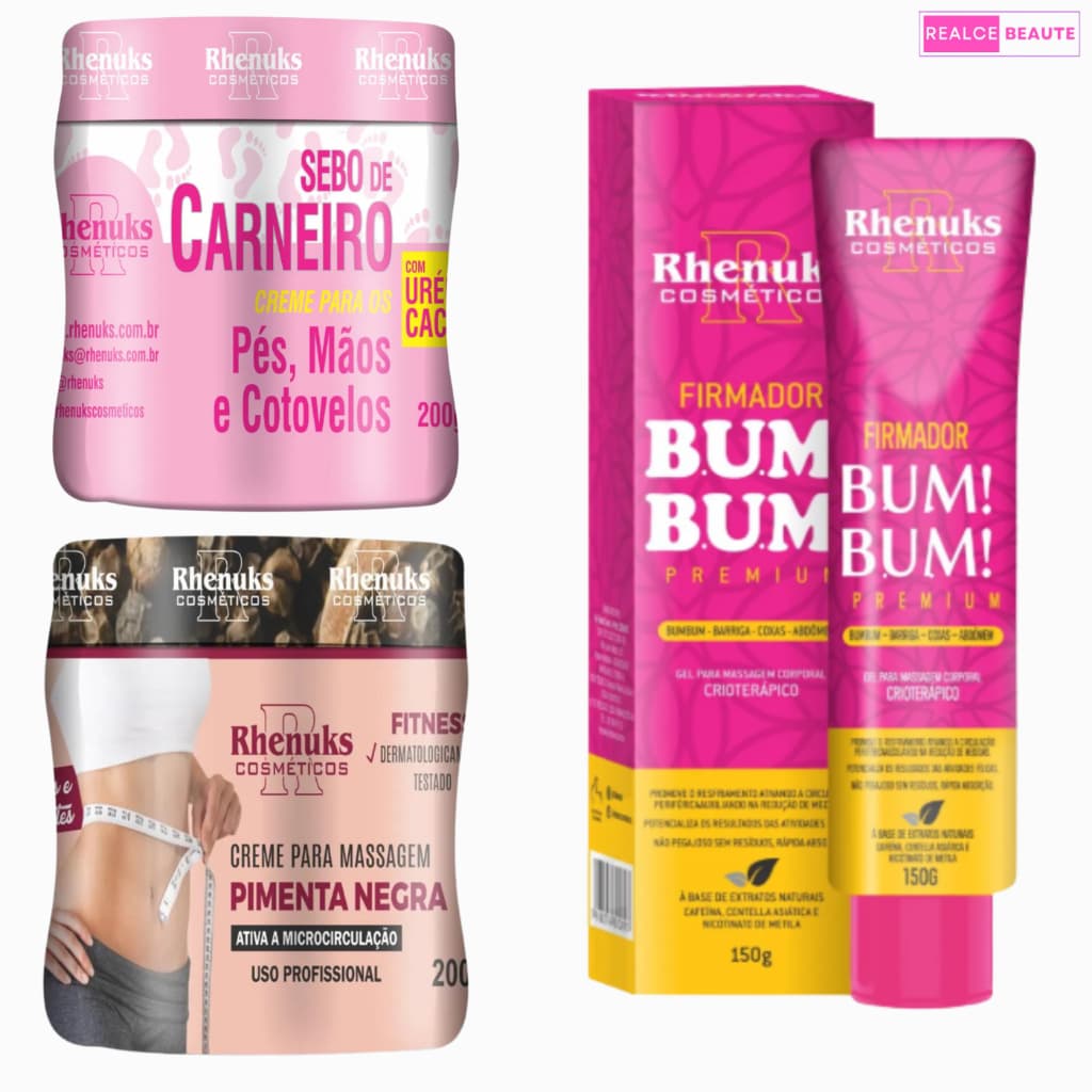 Kit com Sebo de Carneiro + Creme para Massagem Pimenta Negra + Firmador Bum Bum - Rhenuks