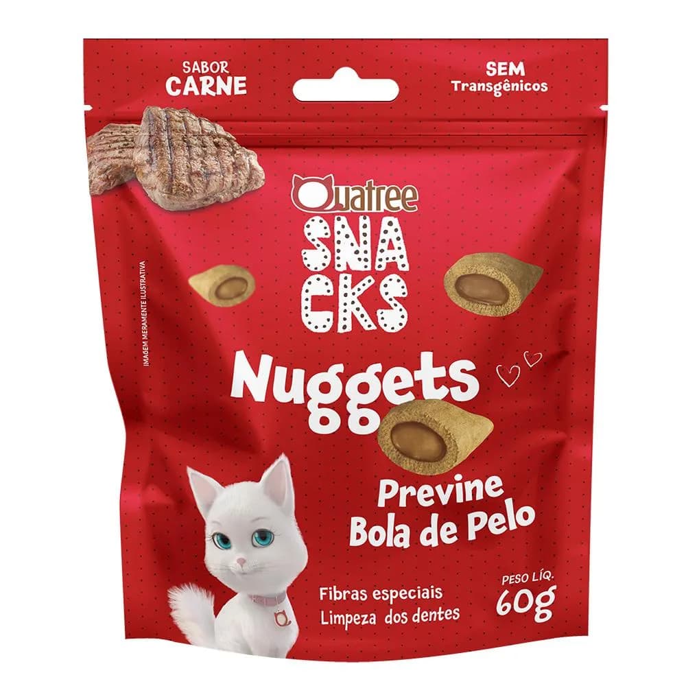 Petisco Snack Quatree Gato Nuggets Carne Bola de Pelo 60 gr
