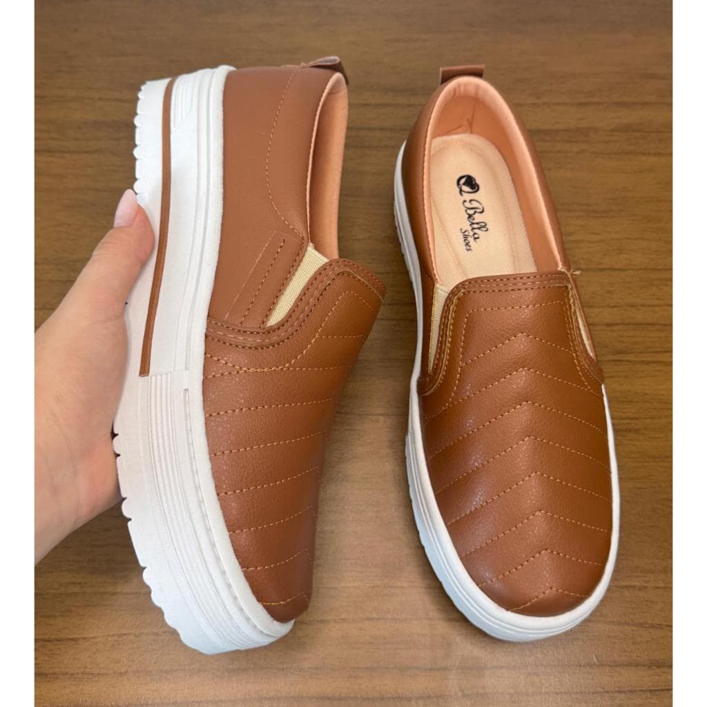Tênis Fêminino Marrom Slip On Casual Sapatilha Confortável Sapatênis Leve Envio Imediato