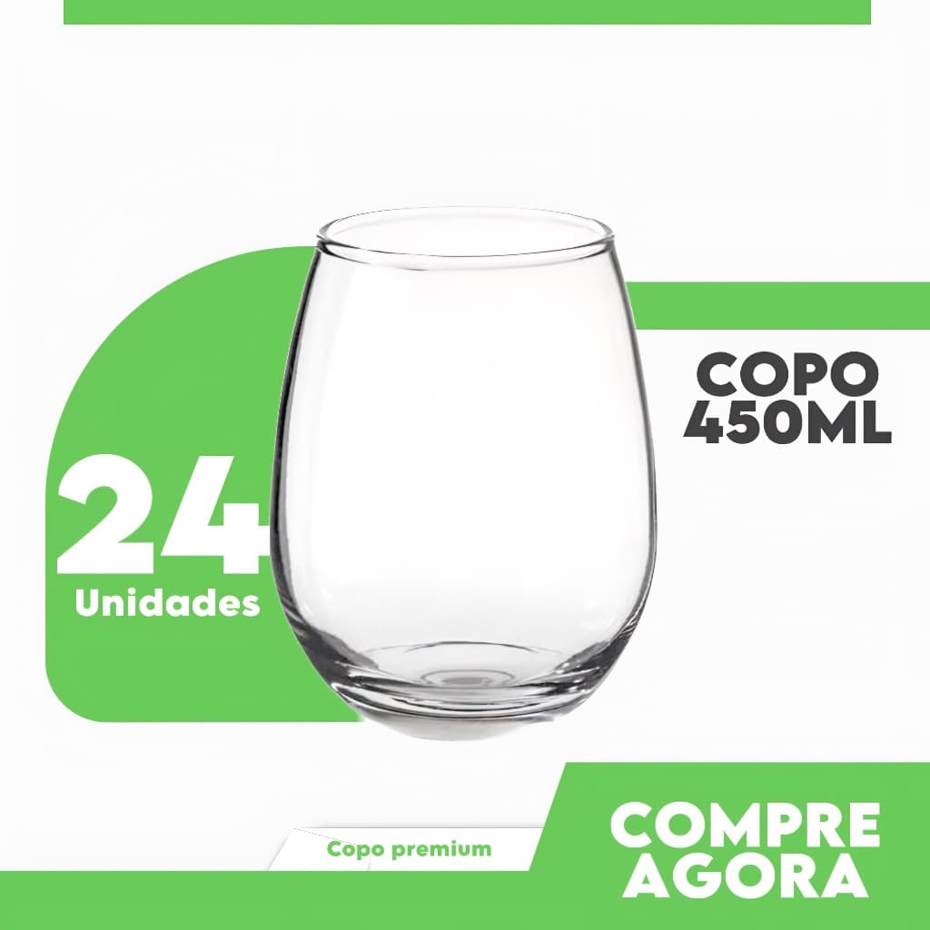 Kit 24 Copos De Vidro Resistente 450ml Para Suco Água Refrigerante