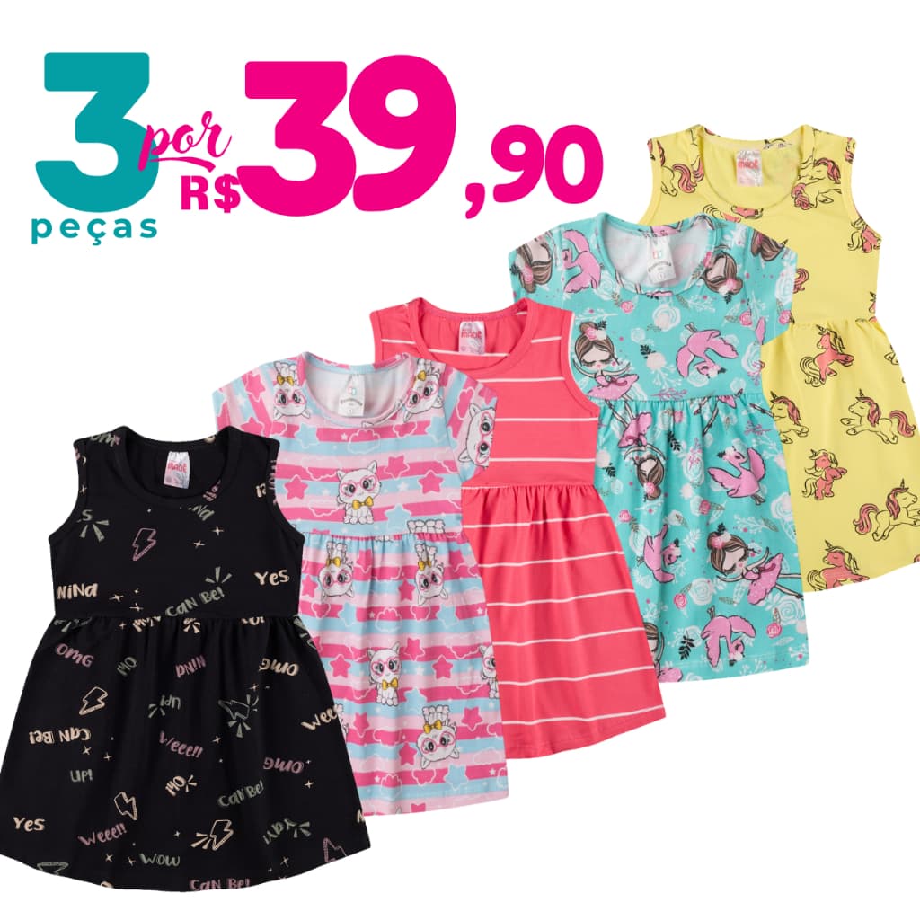 Vestido Infantil De Cotton Kit 3 Peças Sortidas