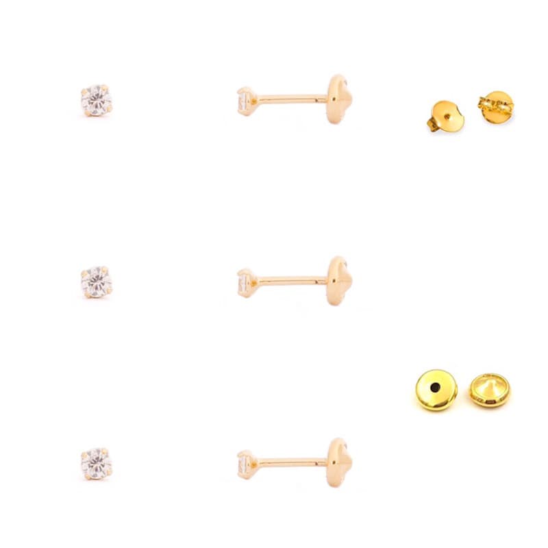 Kit 3 pares Mini Brincos ponto de luz infantil Cartilagem terceiro furo+(Tarraxas baby+Borboleta )Banhado ouro 18k