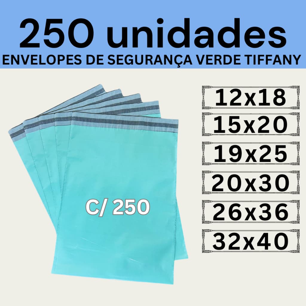 Kit 250 Envelopes Segurança Verde Tiffany Embalagem De Envio 12x18 15x20 19x25 20x30 26x36 32x40