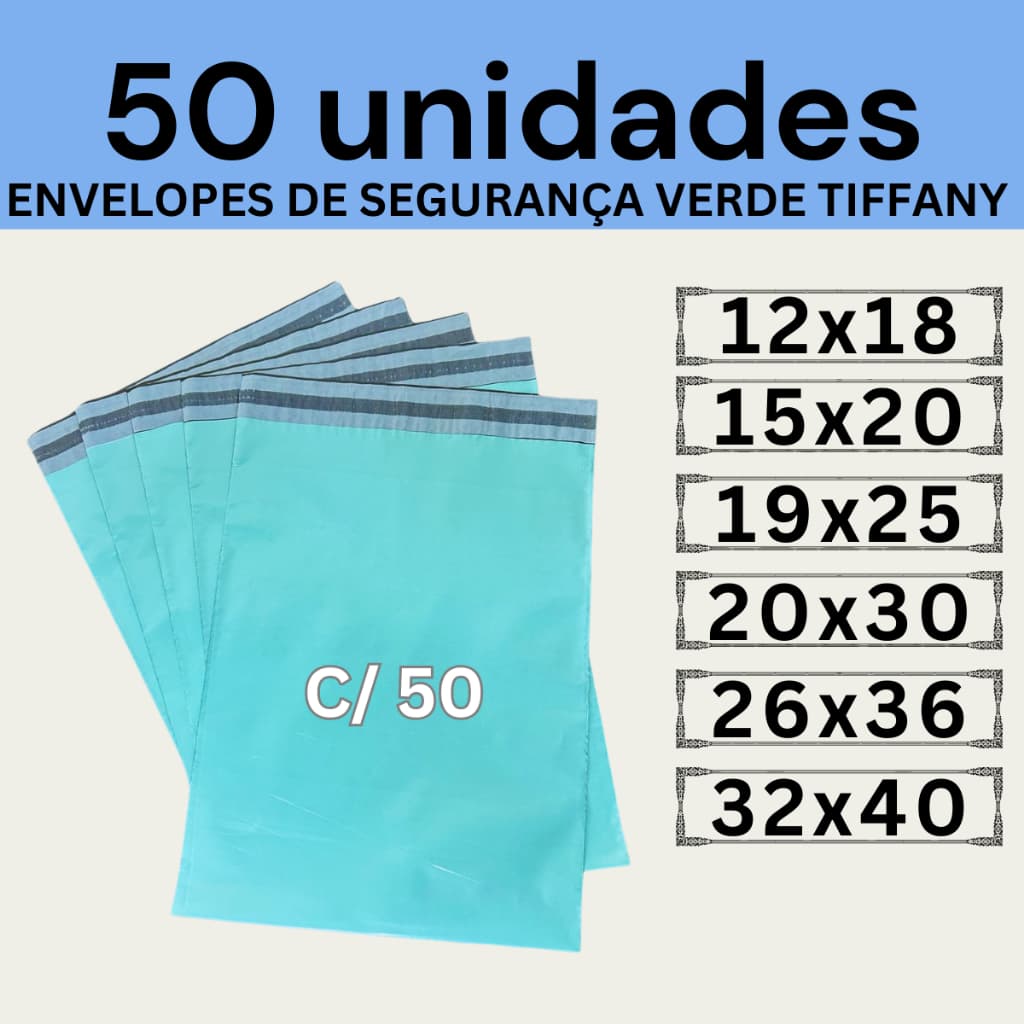 Kit 50 Envelopes Segurança Verde Tiffany Embalagem De Envio 12x18 15x20 19x25 20x30 26x36 32x40 40x50