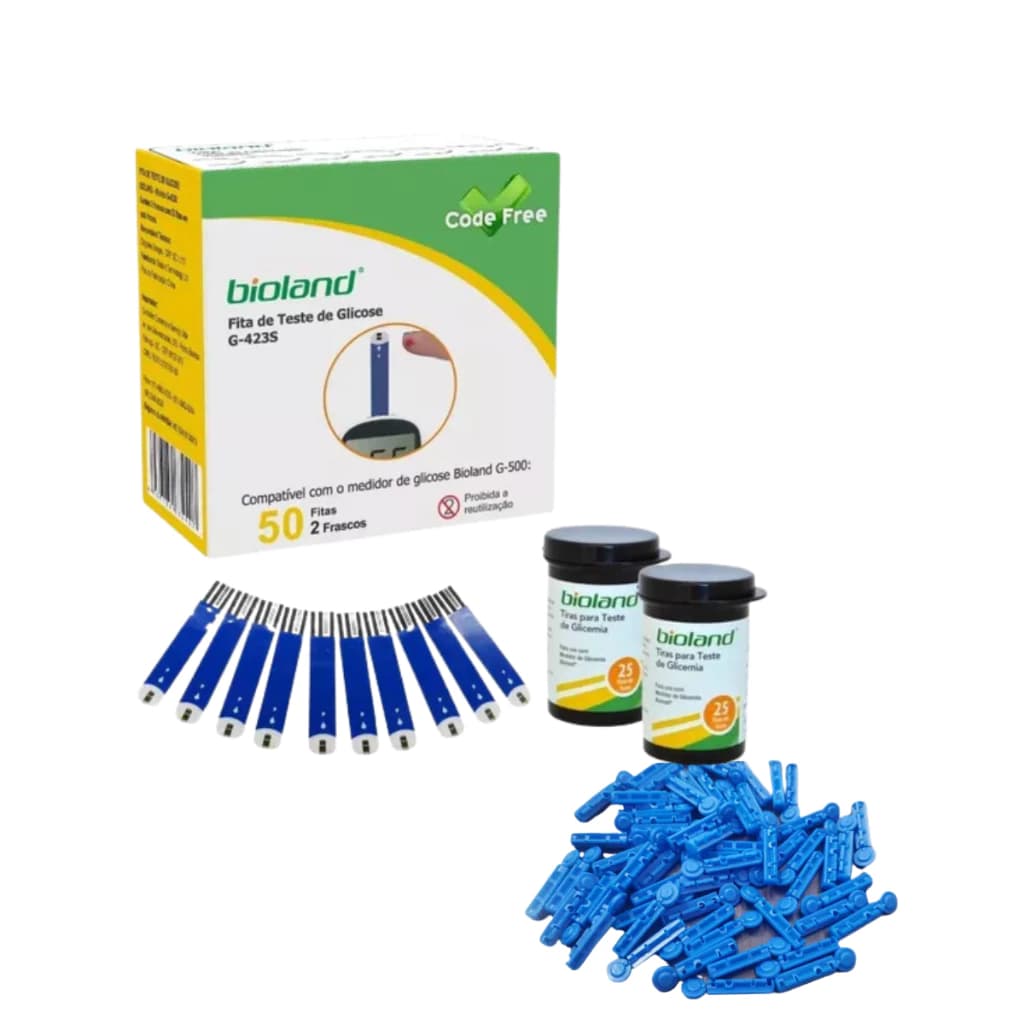 KIT 50 Tiras De Glicemia Bioland + 50 Lancetas Universais