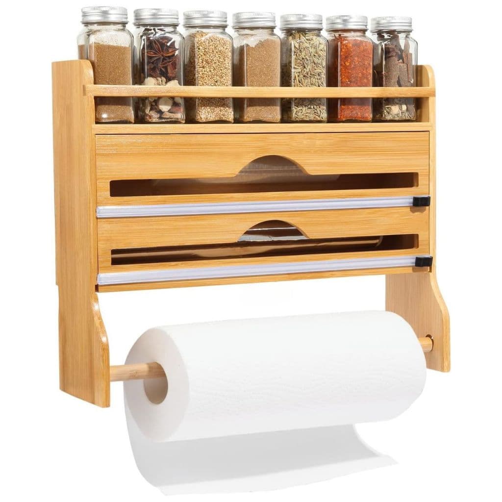 Suporte Organizador Porta Rolo Duplo Bambu Papel Toalha Aluminio Tempero Filme PVC Plastico Cortador