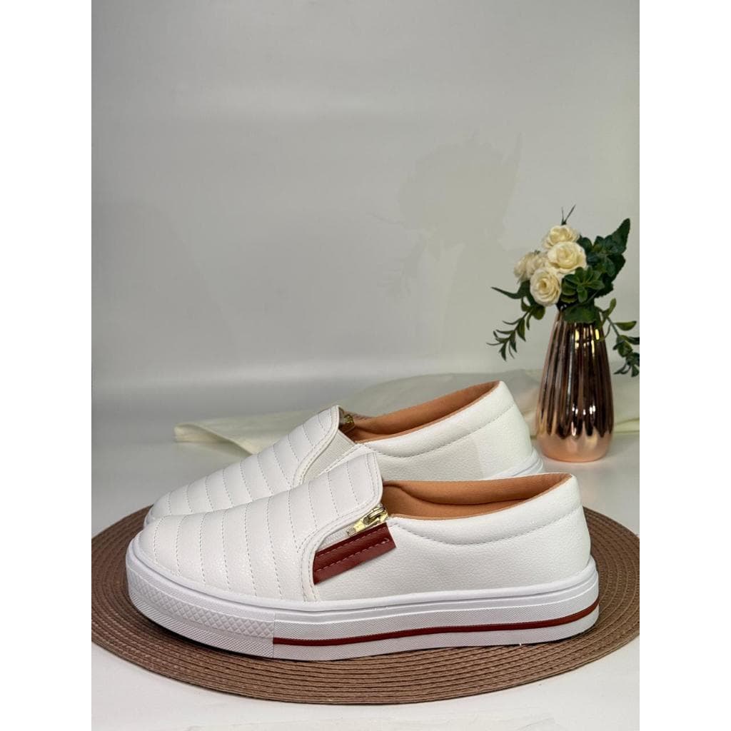 Tênis Branco Feminino Confortável Sapatênis Slip On Sapatilha Casual Com Zíper Envio Imediato